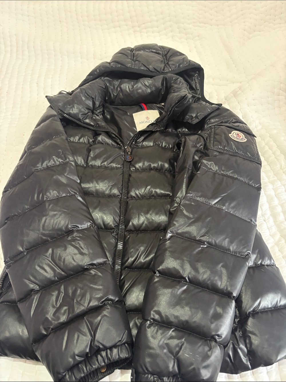 Moncler women’s Shiny Black Quilted Down Puffer Jacket with Hood